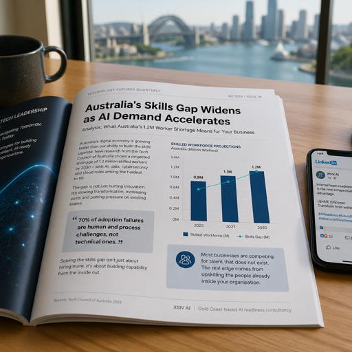 Open magazine spread on a desk reporting on Australia's AI skills gap