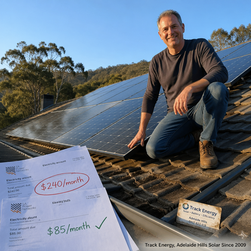 Solar installer on a customer's roof with a savings summary