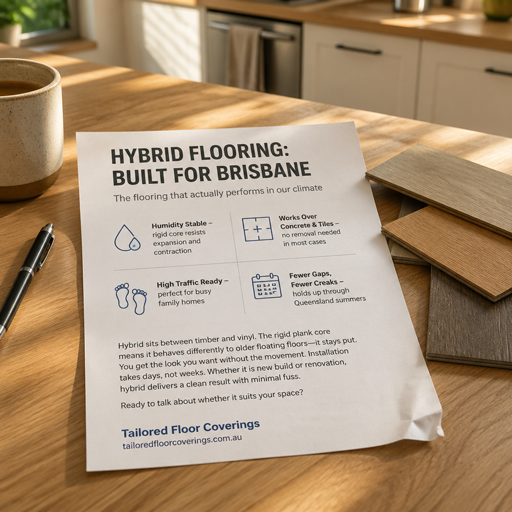 Printed flooring guide on a kitchen bench beside flooring samples
