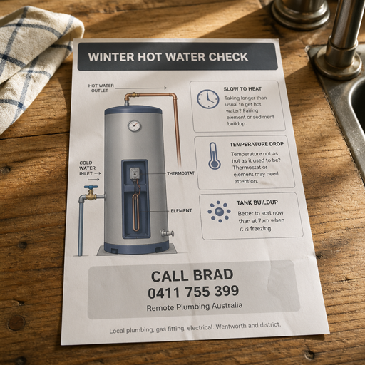Printed Winter Hot Water Check flyer on a kitchen bench