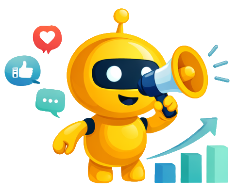 AutoSocials mascot with megaphone, social media icons, and growth chart
