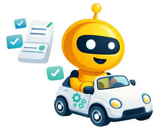 AutoSocials mascot driving while social media posts are handled automatically