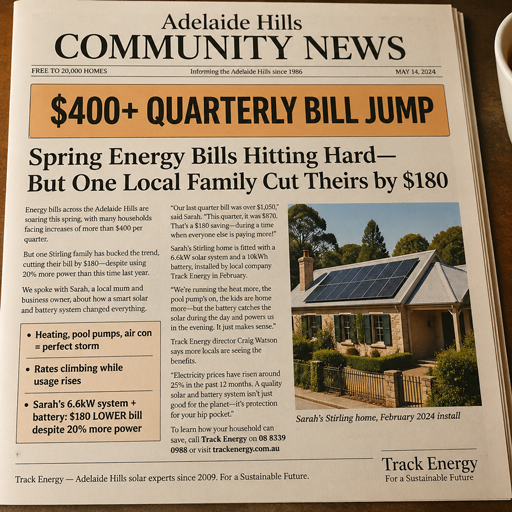 Adelaide Hills Community News page featuring an energy bill story