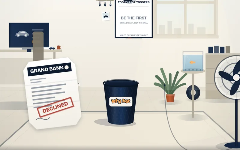 Bin the Rejection office scene with a declined bank letter and a branded bin