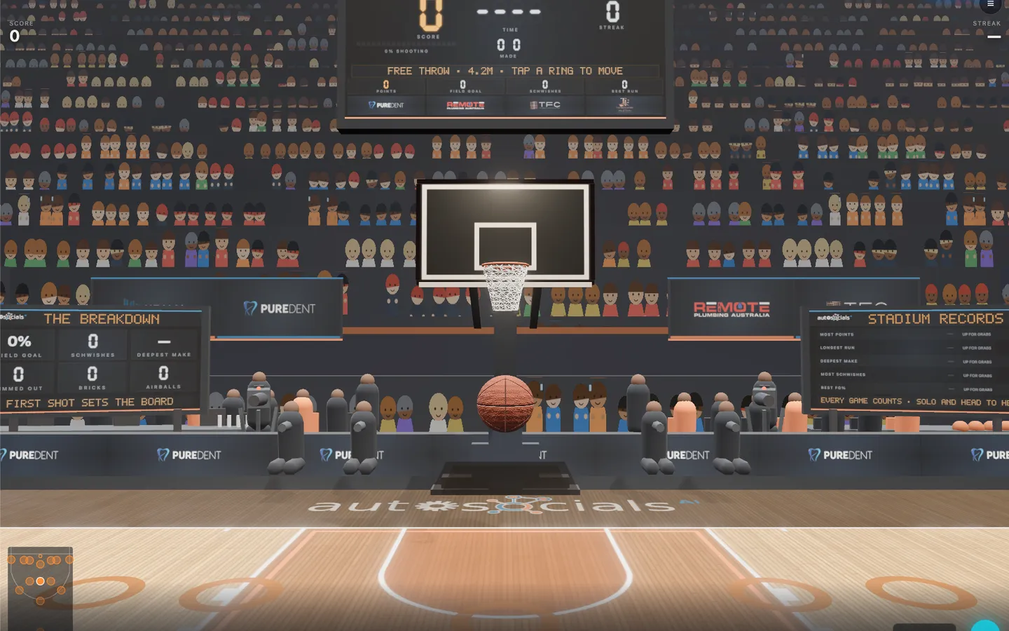 Schwish 3D basketball arena, live scoreboard and sponsor boards around the court
