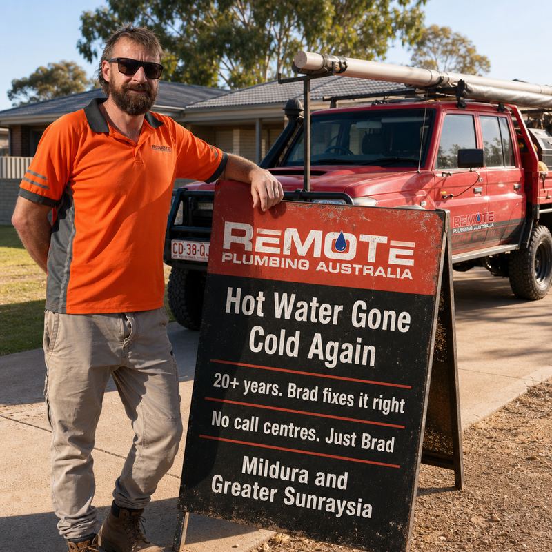 A Remote Plumbing Australia A frame sign in front of a home with the work ute beside it