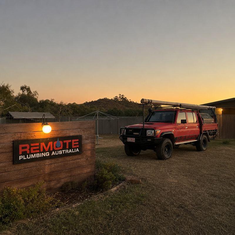 A Remote Plumbing Australia sign on a timber fence at sunset with the work ute behind it