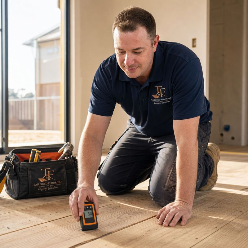 A flooring installer kneeling on a timber floor taking a moisture reading of the subfloor