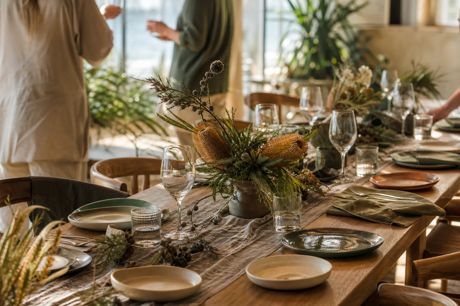The long table set for a group