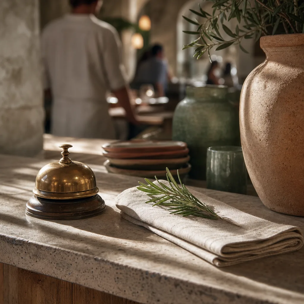 A brass bell and folded linen napkin on a stone counter